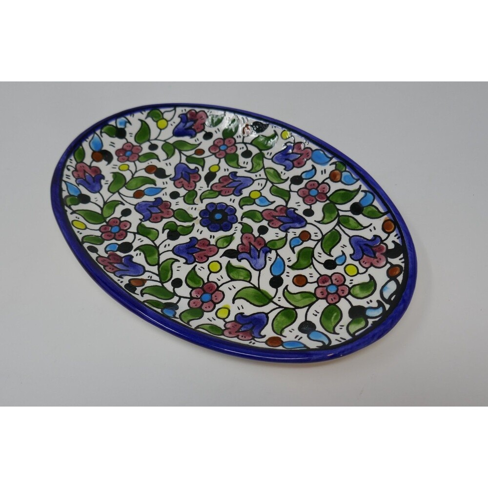 Armenian Pottery Hand Painted Floral Flowers Oval Dish Plate Made in Jerusalem - Picture 9 of 16